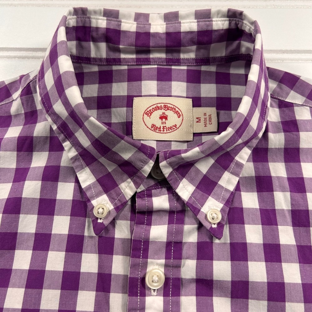 Brooks Brothers Red Fleece Shirt Mens M Purple White Gingham Check Button Down